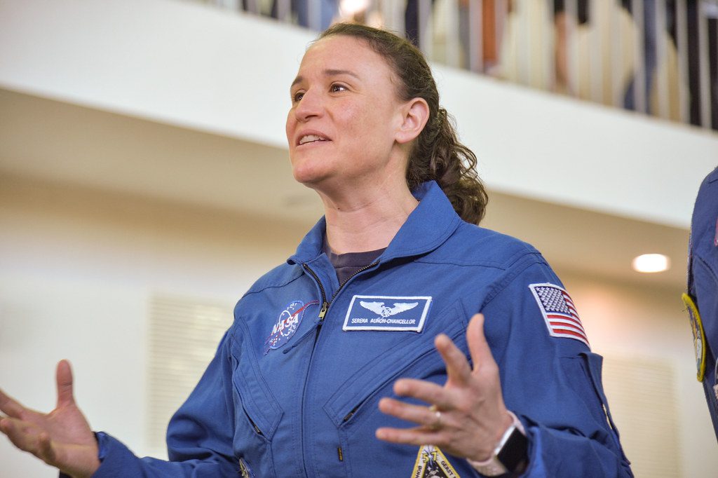Serena Auñón-Chancellor of NASA reacts to space officials’ instructions