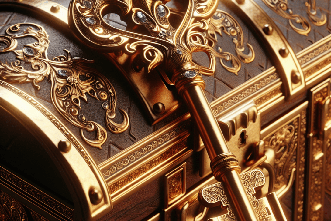 A gold key being inserted into an ornate lock on a treasure chest.