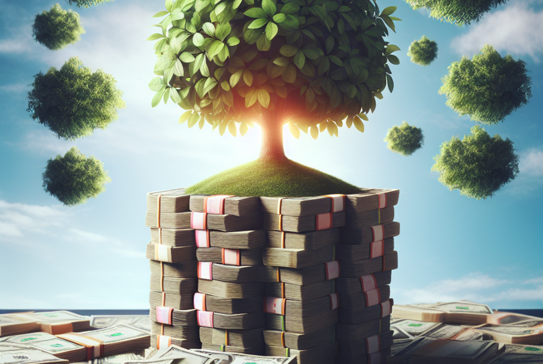 A stack of currency notes with a vibrant tree growing from the center, under a clear blue sky.
