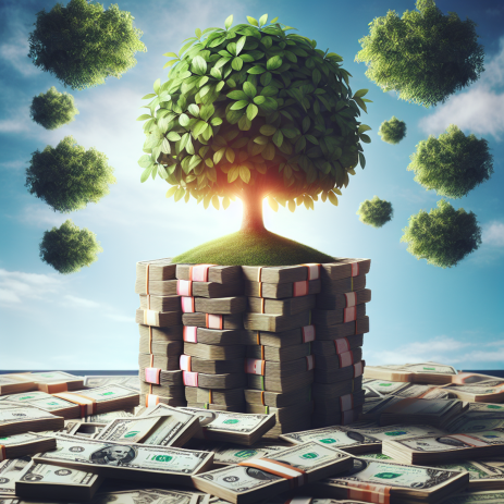 A stack of currency notes with a vibrant tree growing from the center, under a clear blue sky.