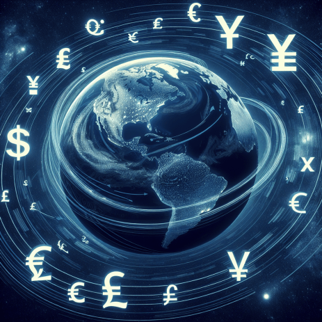 3D earth with currency symbols orbiting around it in space.