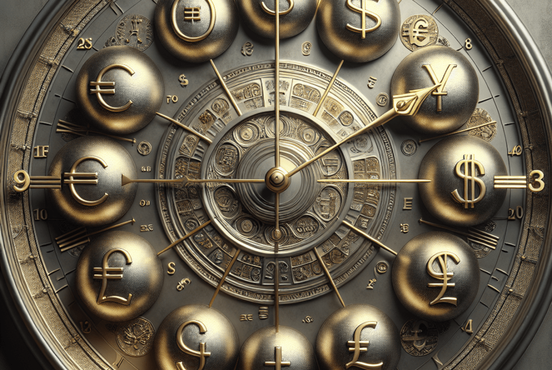 A clock with currency symbols instead of numbers, gilded arms, and a vault door background.