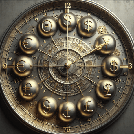 A clock with currency symbols instead of numbers, gilded arms, and a vault door background.