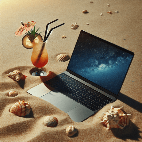 Laptop on beach with tropical drink