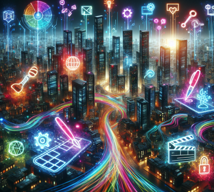 A futuristic cityscape with energy-efficient skyscrapers and neon lights, featuring symbols of web development, digital art, online mechanical operations, entertainment, film creation, and cybersecurity.