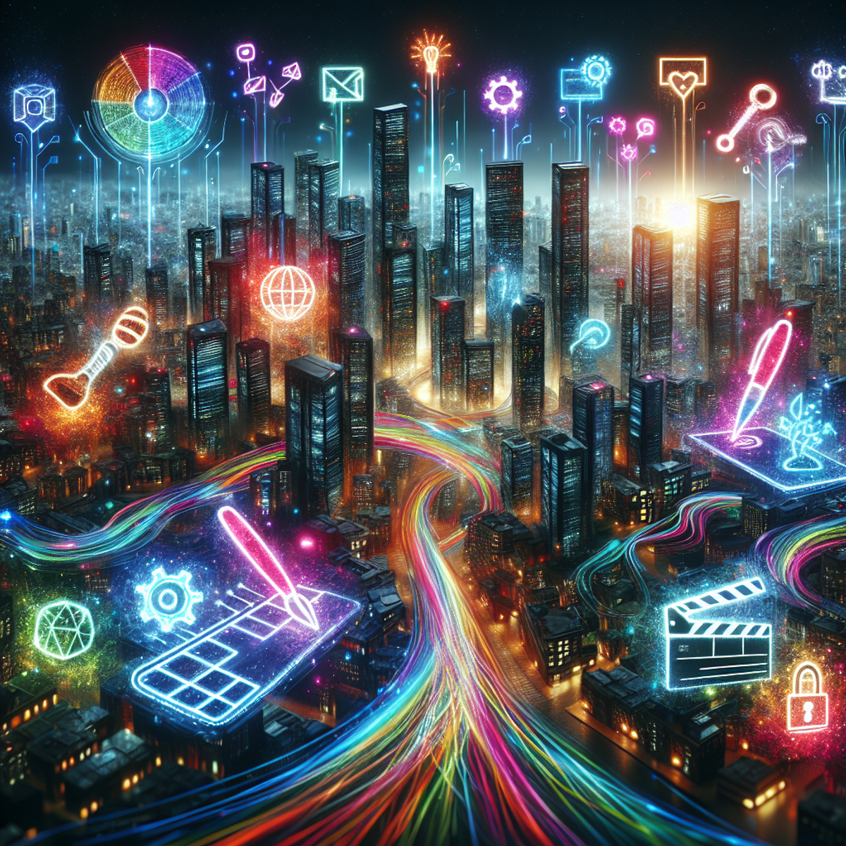 A futuristic cityscape with energy-efficient skyscrapers and neon lights, featuring symbols of web development, digital art, online mechanical operations, entertainment, film creation, and cybersecurity.
