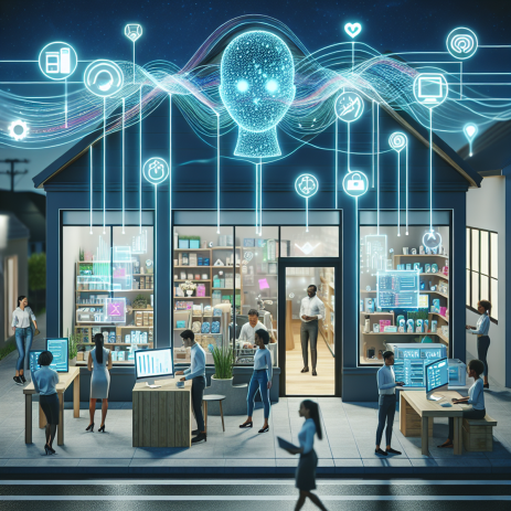A diverse team of employees, working in a modern storefront, with artificial intelligence managing various tasks and communicating with different devices through glowing streams of data.