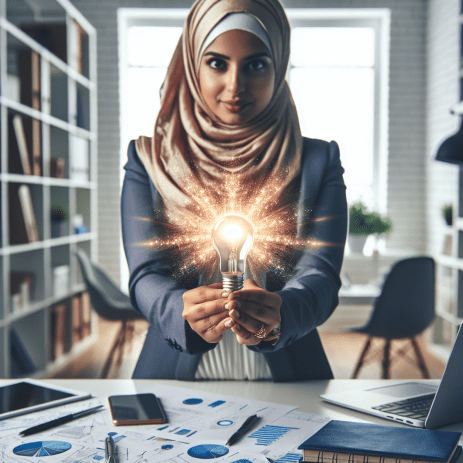 A Middle-Eastern businesswoman holding a glowing light bulb in a home office.