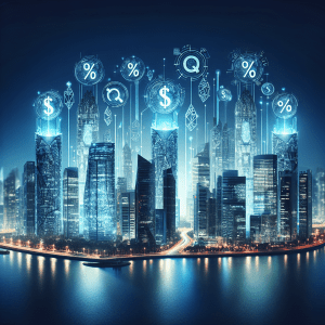 A futuristic city skyline with skyscrapers forming dollar signs, percentage symbols, and cryptocurrency logos, illuminated by a cool metallic glow under the night sky.