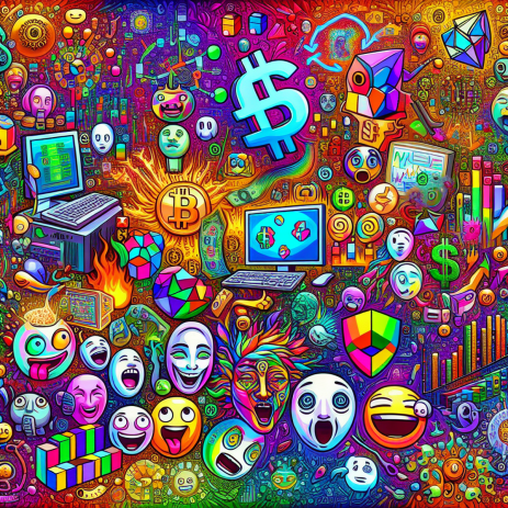 A colorful collage of virtual currency symbols and internet memes.