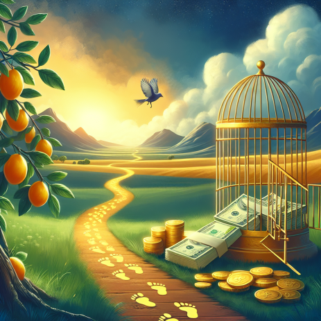 Alt text: Serene landscape with ripe fruit trees and a golden birdcage on its side, with a trail of golden footprints leading away from it.