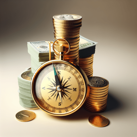 A golden compass pointing towards a pile of money.