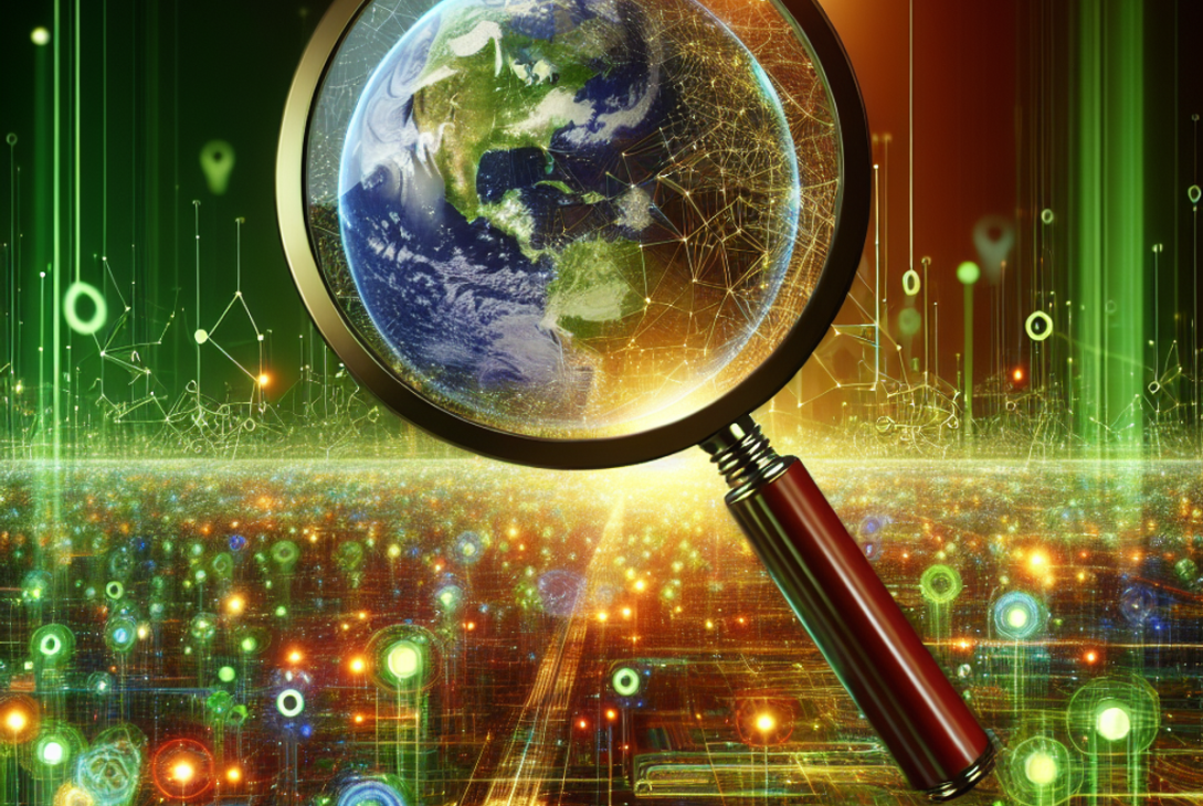 A magnifying glass hovering over a vibrant digital environment, with interconnected dots and lines representing the World Wide Web.