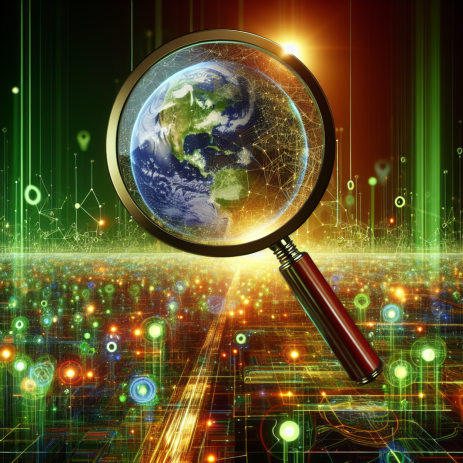 A magnifying glass hovering over a vibrant digital environment, with interconnected dots and lines representing the World Wide Web.