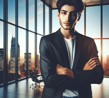A young Middle-Eastern male entrepreneur standing confidently in a modern office with a city skyline backdrop.