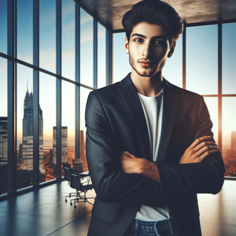 A young Middle-Eastern male entrepreneur standing confidently in a modern office with a city skyline backdrop.