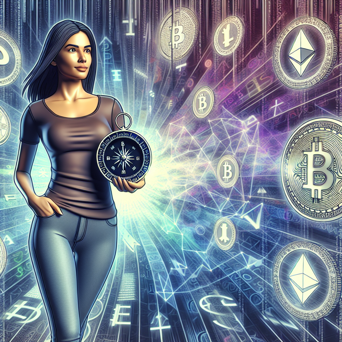 Alt text: A confident Hispanic woman stands on a path of digital currency symbols, holding a digital compass with abstract digital data in the backgro