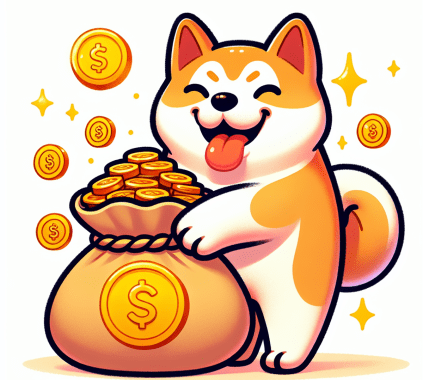 A happy Akita dog holding a bag overflowing with gold coins, symbolizing abundance and financial freedom.