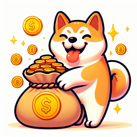 A happy Akita dog holding a bag overflowing with gold coins, symbolizing abundance and financial freedom.