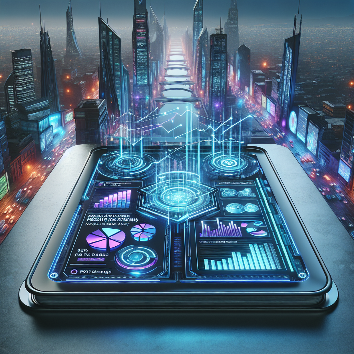 A futuristic visualization of the book cover for "Investment Strategies for Passive Income Streams in 2024: What's New and What Works". The cover consists of a sleek metallic table with a holographic display showing various financial graphs, pie-charts, and statistics projected from a futuristic device. The book's title is prominently displayed at the top in bold, electric blue letters. The backdrop of the cover is complex cityscape at twilight with skyscrapers, glowing billboards, and flying cars to impart a sense of the year 2024.