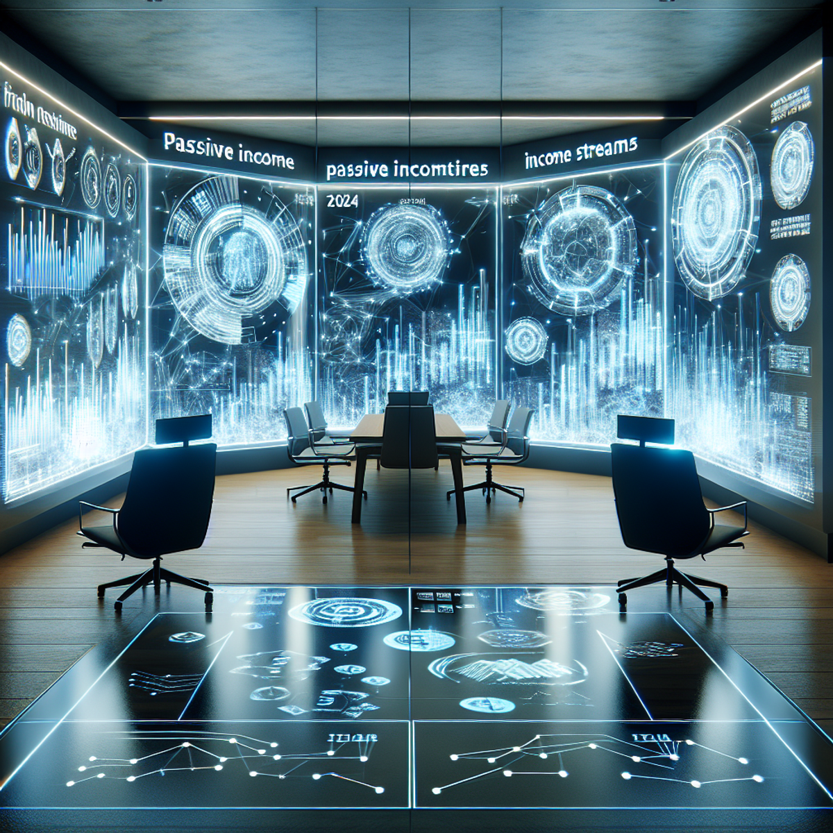 A futuristic office space filled with luminescent, holographic charts and graphs showcasing various investment strategies for passive income streams in 2024. The room is generously lit by the glow of the holograms, reflecting off the minimalist, sleek furniture. Technology is seamlessly integrated into every aspect of the office space, giving it a modern, futuristic vibe. The design can be interpreted as a contemporary digital art form, capturing the essence of a futuristic world encapsulated by technology.