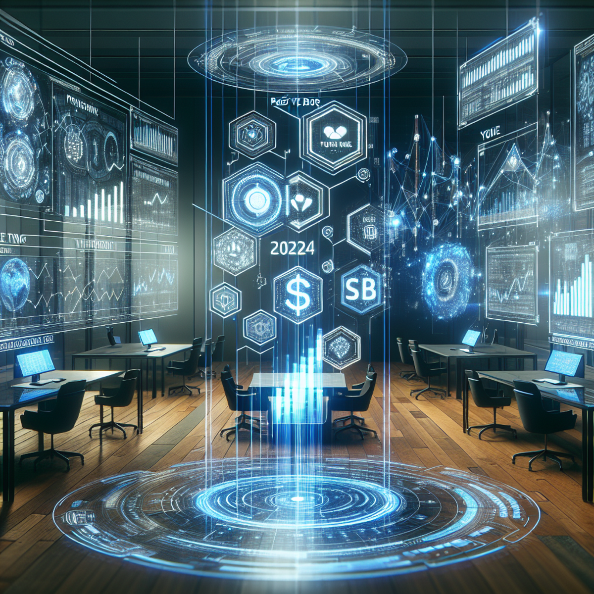 A futuristic office space full of advanced technology. Intricate holographic charts and graphs are suspended in the air, presenting various investment strategies for passive income streams. The year displayed on each holograph is 2024, suggesting an imminent technological edge in finance. The entire scene is represented in a digital art style, capturing the essence of a future-rich environment with a focus on progressive financial planning.